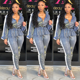 Fashion Bling Bling Track Suits Elastic Coat Skinny Pants LD8218