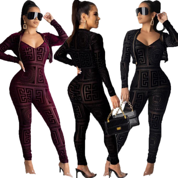 Digital Printing Bodycon Sets V Neck Jumpsuit Short Coat OMY5176