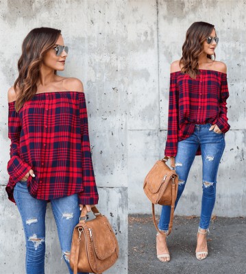 Latest Plaid Off Shoulder Women Shirt D8055
