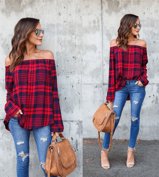 Latest Plaid Off Shoulder Women Shirt D8055