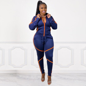 Fashion Contrast Zipper Long Sleeves Cardigan With Trousers Two Piece Set YZM7084