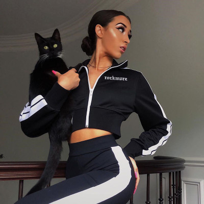 Fashion Stand Collar Letter Embroidered Long Sleeves Mini Top With Trousers Two Piece Set HC2956M08