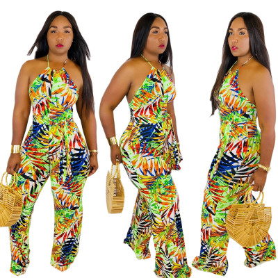 Cheap Ladies Printing Halter Neck Wide Leg Jumpsuit WJ5046