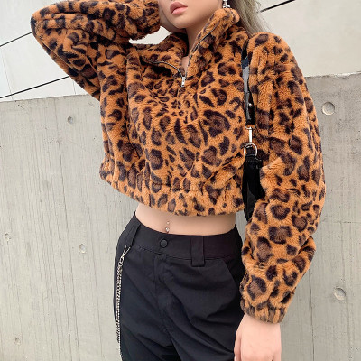 Tide brand leopard lapel long sleeve zipper sweater coat female HT8176W09