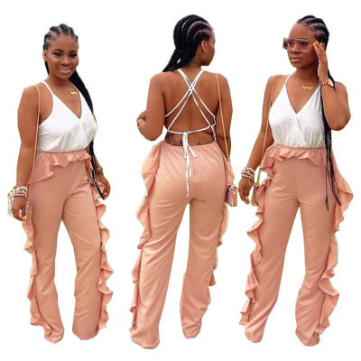 Newest Color Patchwork Condole Belt Ruffle Jumpsuit ORY5132