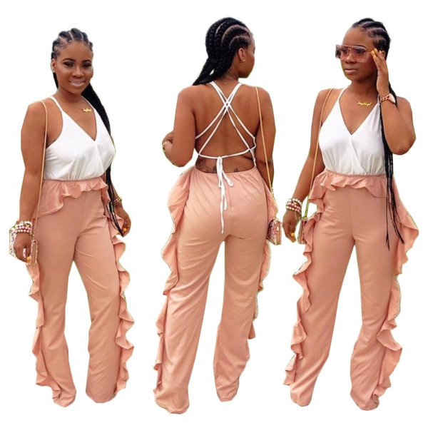 Newest Color Patchwork Condole Belt Ruffle Jumpsuit ORY5132