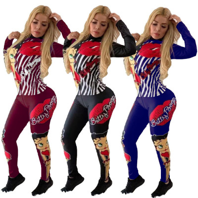 Cartoon Printing Latest Women Outfits Zip Up Top Skinny Pants MN8073
