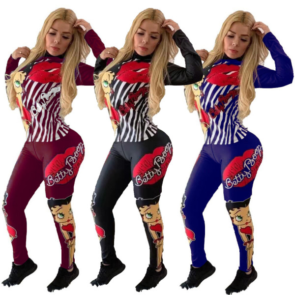 Cartoon Printing Latest Women Outfits Zip Up Top Skinny Pants MN8073