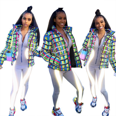 Warm Female Zipper Outerwear Colorful Letters Down Jacket QZ4549