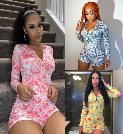 Sexy deep V print long sleeve pajamas women LD201013