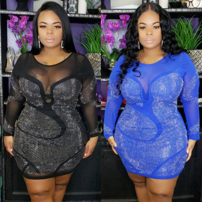 Black/Blue Plus Size Ladies Rhinestone Long Sleeves Club Dress YF1033
