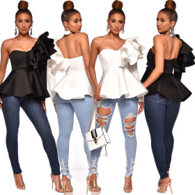 Unique Black/White Ruffle One Shoulder Women Top DN8212