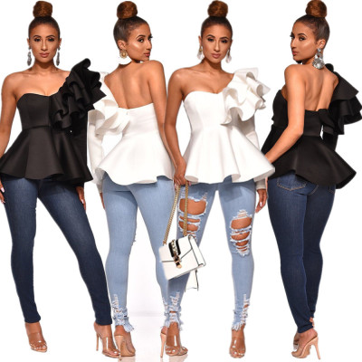 Unique Black/White Ruffle One Shoulder Women Top DN8212