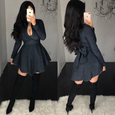 New Arrival Pure Color V Collar Party Dress For Ladies YYZ930