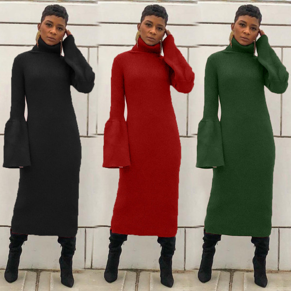 Turtleneck Sweater Pure Color Flares Sleeves Pencil Dress HHM6181