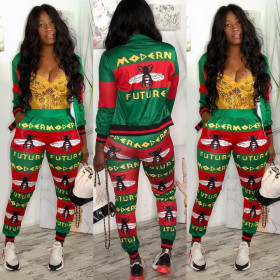 Long Style Zipper Two-Piece Christmas Patterns Women Sets OMY8005