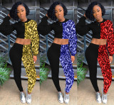 Hooded Crop Top Slinky Pants Leopard Printing Patchwork Lady Sets SM9063