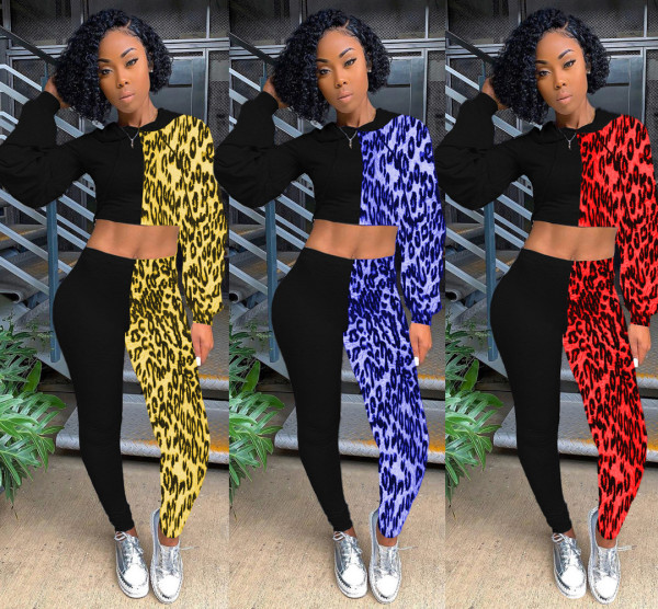 Hooded Crop Top Slinky Pants Leopard Printing Patchwork Lady Sets SM9063