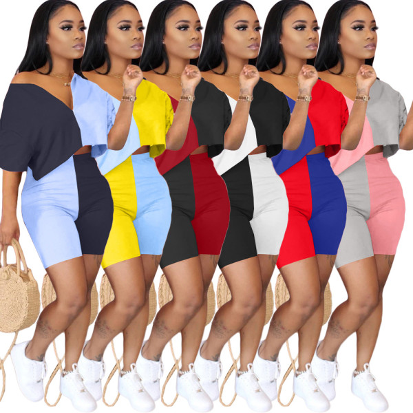 Women's stitching short sleeve zipper temperament casual two-piece suit CL6053