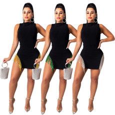Female Sleeveless Clubwear Fringe Sexy Bodycon Mini Dress JLX8872