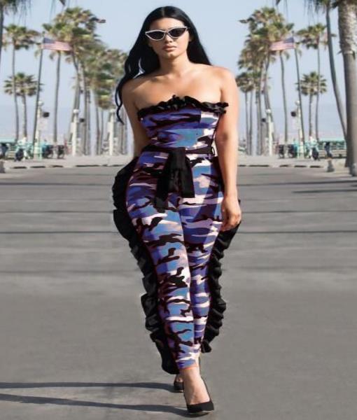 Slash Nesh Reffule Sides Sexy Printed Blue Jumpsuit HM6011