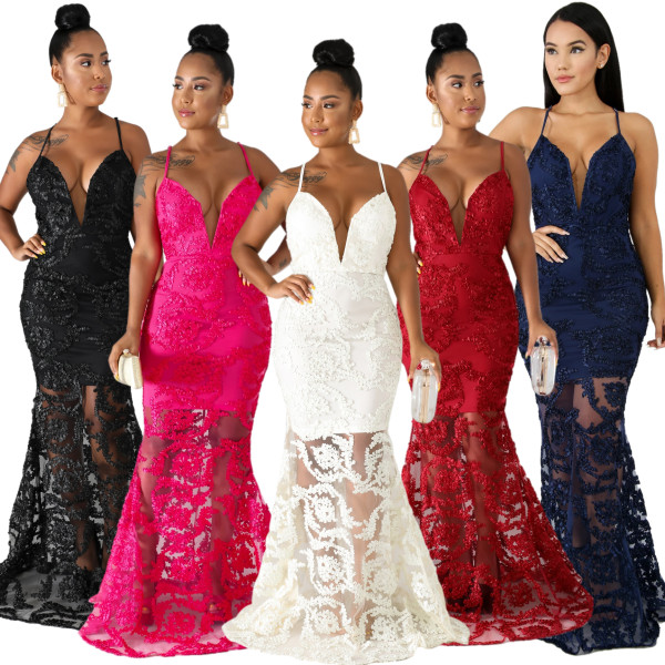 Lace Patchwork Sexy Pure Color Spaghetti Strap Maxi Dress QZ3290