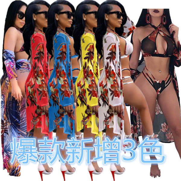 Bandage Bra Top Hollow Out Panty With Long Printing Cloak D8095