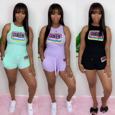Casual Letter Printed Vest Drawstring Shorts Two Pieces Sets MA6568