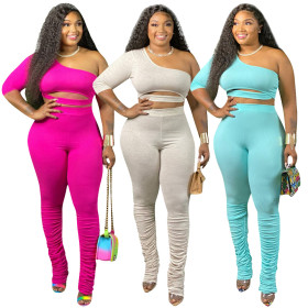 Sexy Solid Color One Shoulder Waistless Top Pleated Flared Pants Two Piece Sets H1381