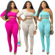 Sexy Solid Color One Shoulder Waistless Top Pleated Flared Pants Two Piece Sets H1381