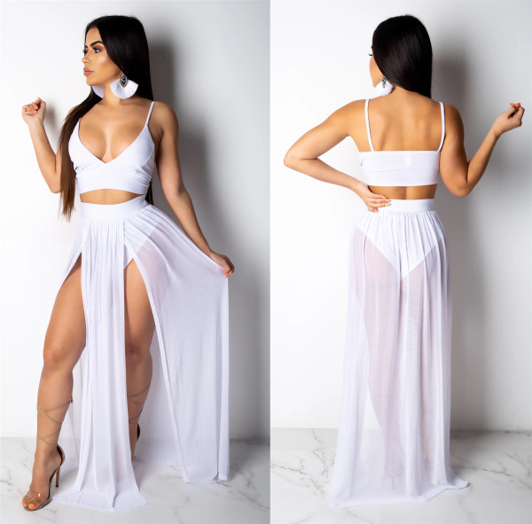 White Chiffon Suits Condole Belt Top High Waist Split Dress D8304