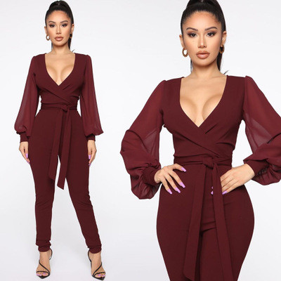 Plain Color Chiffon Sleeves Patchwork V Neck Tight Jumpsuit TK6039