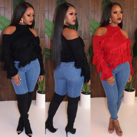 Ladies Cold-Shoulder Tassel Sweaters Pure Color Fashion Top ED8167