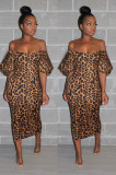 Printed chest and sleeved leopard print dress nightclub dress LZ-638