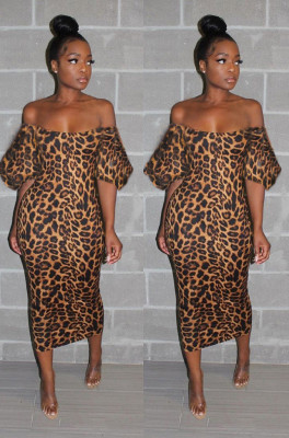 Printed chest and sleeved leopard print dress nightclub dress LZ-638
