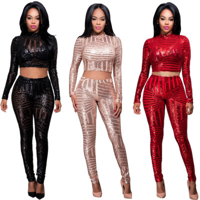 Bodycon Sequin Suits Crop Top Slinky Pants YDL269