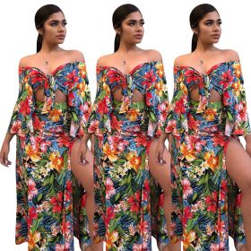 Floral Print Suits Dew Shoulder Bandage Top Split Long Dress ED8026