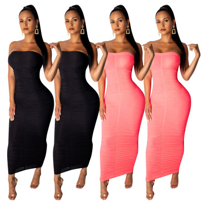 Wholesale Pure Color Lady Pleated Off Shoulder Long Dress SDD9107