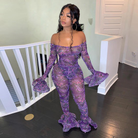 Sexy word collar off-shoulder long-sleeved slim jumpsuit SN3669