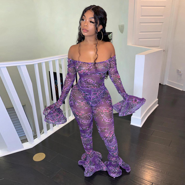 Sexy word collar off-shoulder long-sleeved slim jumpsuit SN3669