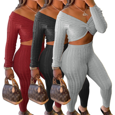 Sexy Solid Color V-Neck Long Sleeves Mini Top With Pants Sweater Two Piece Set MA6610