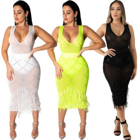 Hot Sell Rhinestone Perspective Sleeveless Midi Dress CCY8105