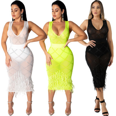 Hot Sell Rhinestone Perspective Sleeveless Midi Dress CCY8105