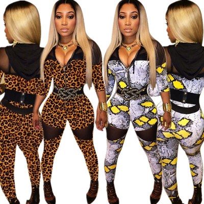 Printing Tight Perspective Sexy Mesh Patchwork Hooded Jumpsuit SMD7028
