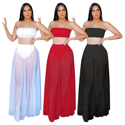 Solid color wrapped chest mesh two-piece set ED8178