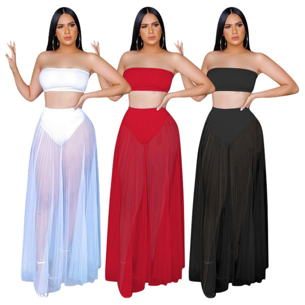 Solid color wrapped chest mesh two-piece set ED8178