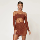 Long-sleeved drawstring gold silk sexy night shop two-piece skirt women's clothing YB9032