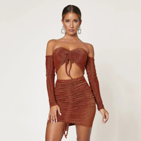 Long-sleeved drawstring gold silk sexy night shop two-piece skirt women's clothing YB9032