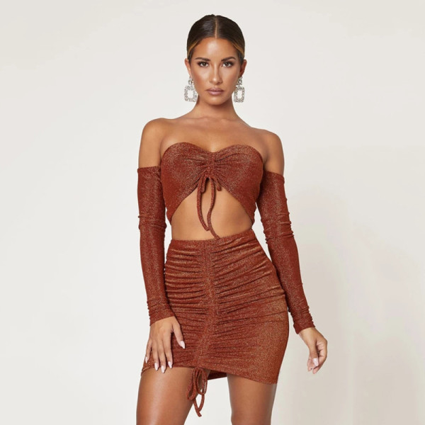 Long-sleeved drawstring gold silk sexy night shop two-piece skirt women's clothing YB9032