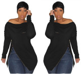 Black Zipper Long Sleeves Off Shoulder Hoodies H1080